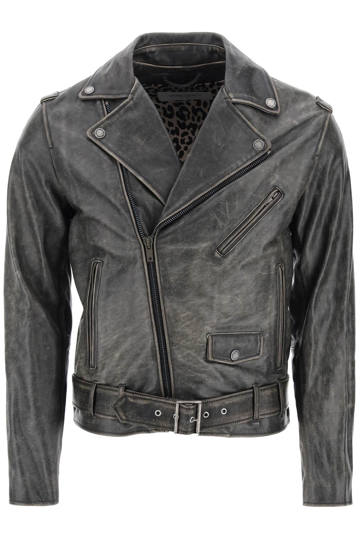 vintage-effect leather biker jacket
