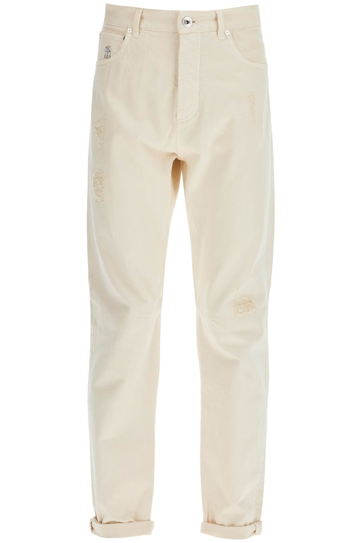 destroyed leisure fit jeans with distressed details.