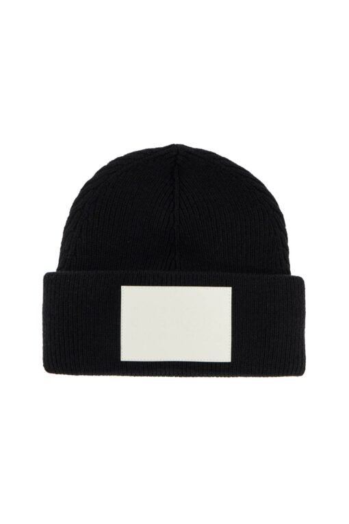 "wool beanie hat with large logo patch"
