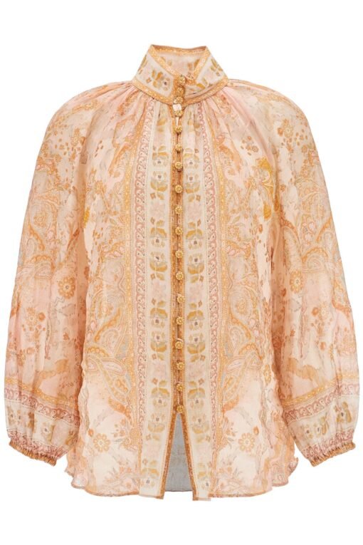 cream and pink high neck paisley blouse in rayon with long sleeves