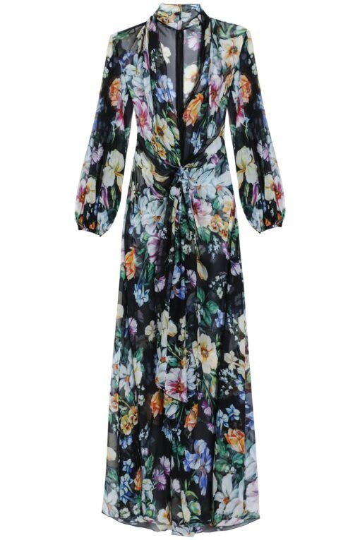 long black silk dress with floral pattern