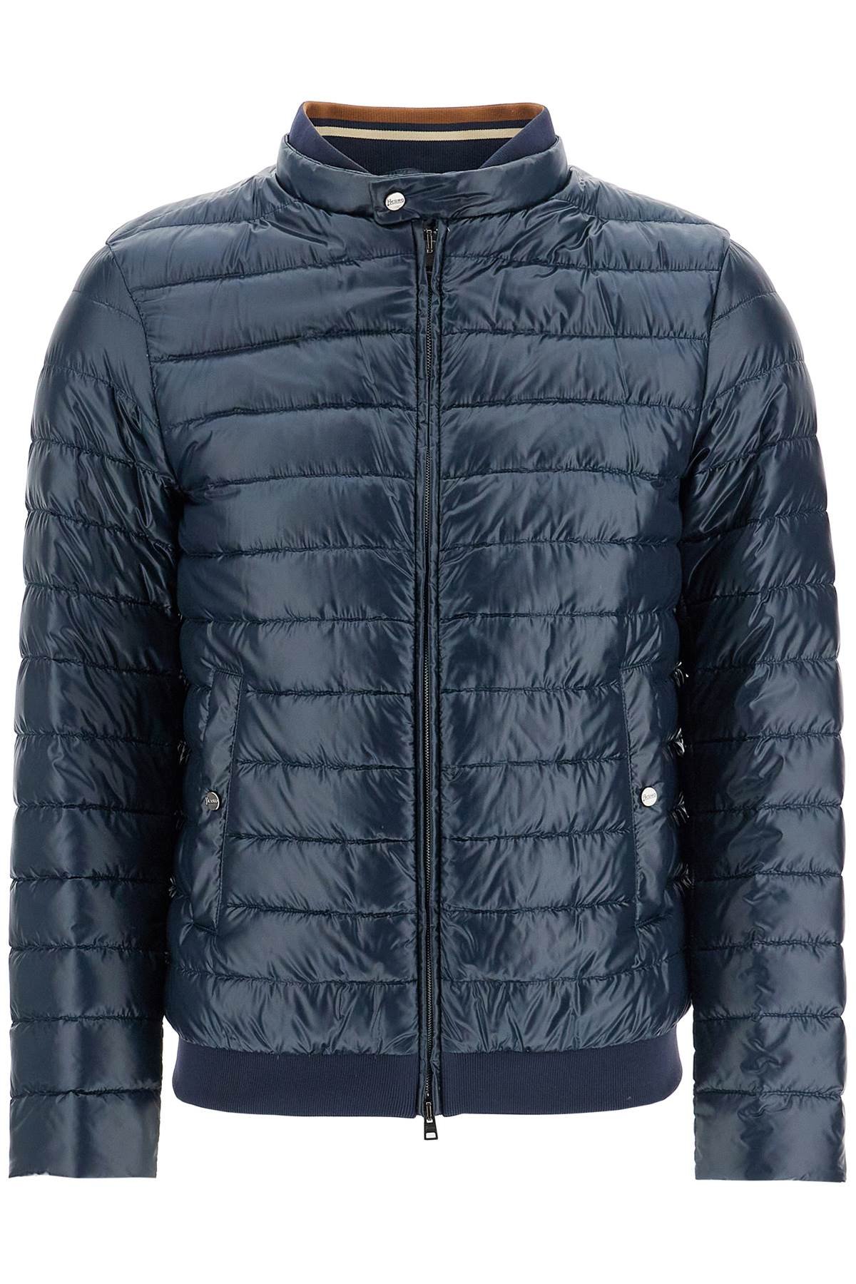 dark blue lightweight quilted nylon down jacket with high collar