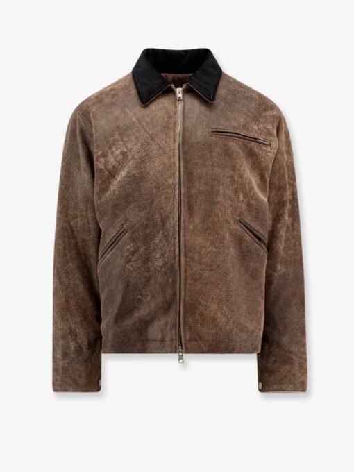 Padded leather jacket with corduroy collar