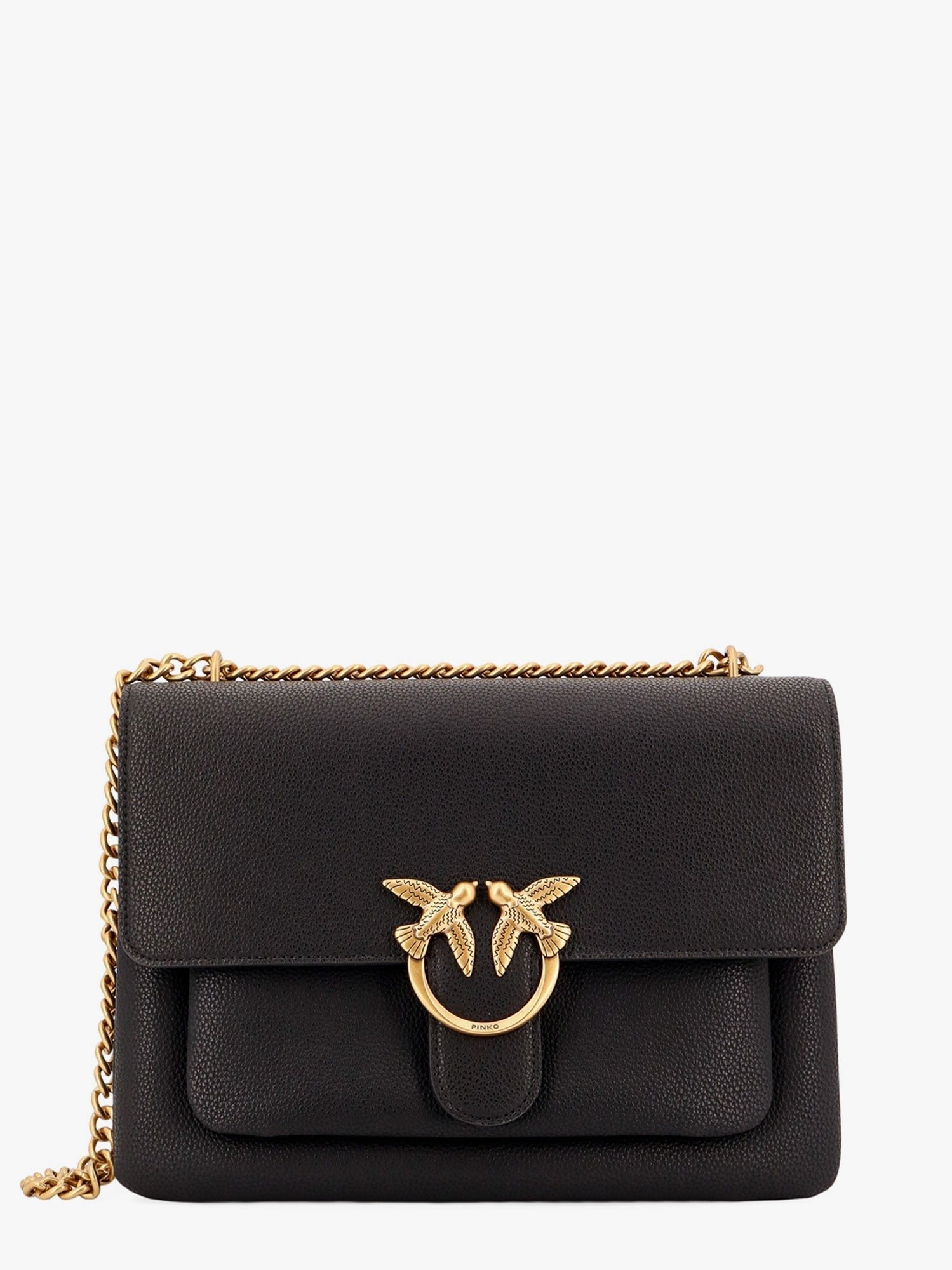 Leather shoulder bag with metal love birds buckle