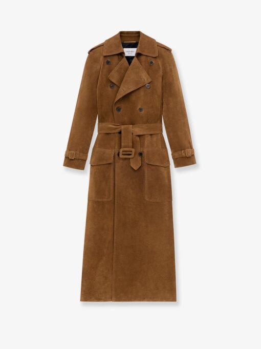 Long double-breasted suede trench coat